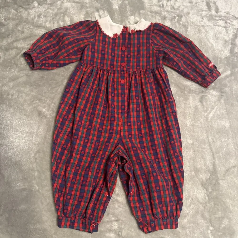 1990's Vtg OshKosh B'gosh 90s Baby Apple Plaid Peter Pan Collar Bubble 12M USA